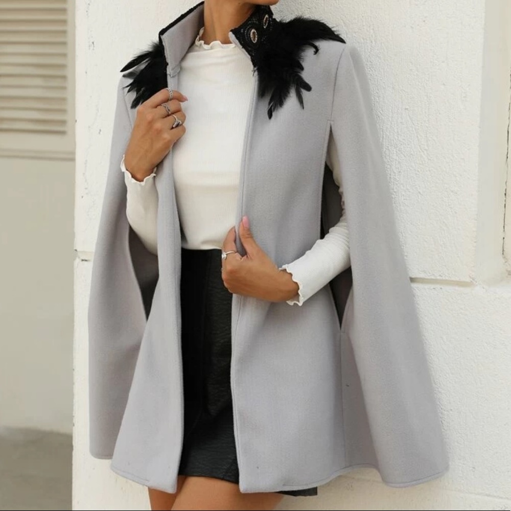 Women's Light Gray Cape Coat with Black Feather Collar